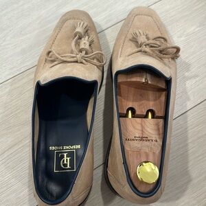 Light tan, suede, loafers, very stylish and high-quality